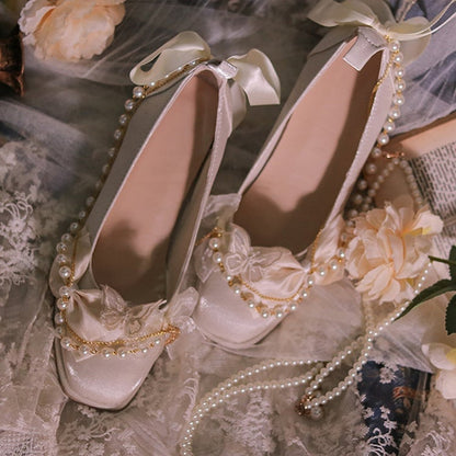 Beige Bowknot and Butterfly Applique Square Toe Hime Lolita Block Heels
