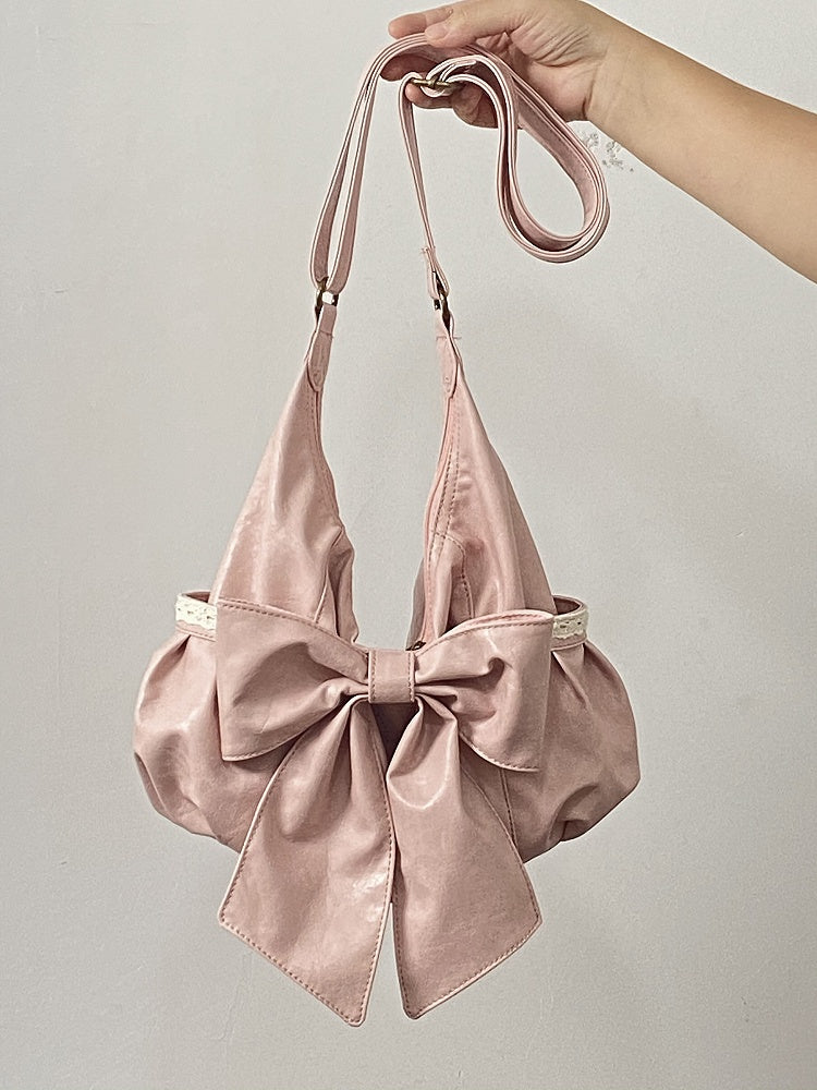 Classic Pink Shoulder Tote Bag With Dramatic Oversized Bow Accent