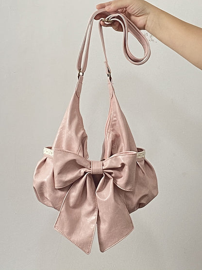 Classic Pink Shoulder Tote Bag With Dramatic Oversized Bow Accent