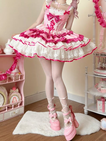 Sweet Pink Corset Waist Tiered Ruffle Hem Lolita Jumper Skirt