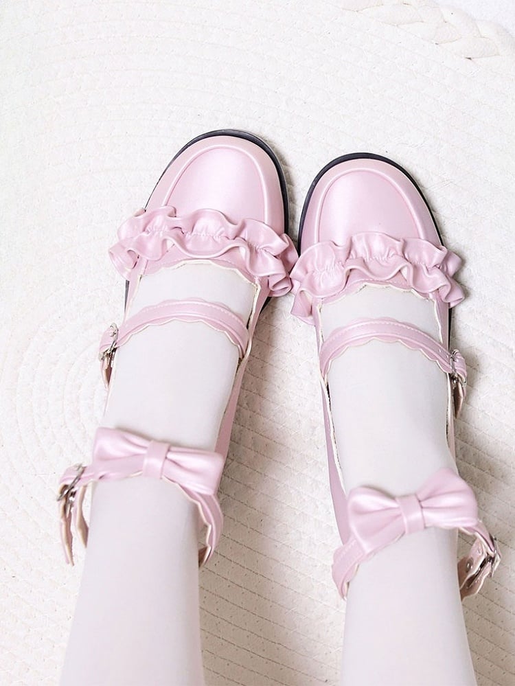 Pink Ruffles Trim Bowknot Decorated Heart Buckles Lolita Shoes