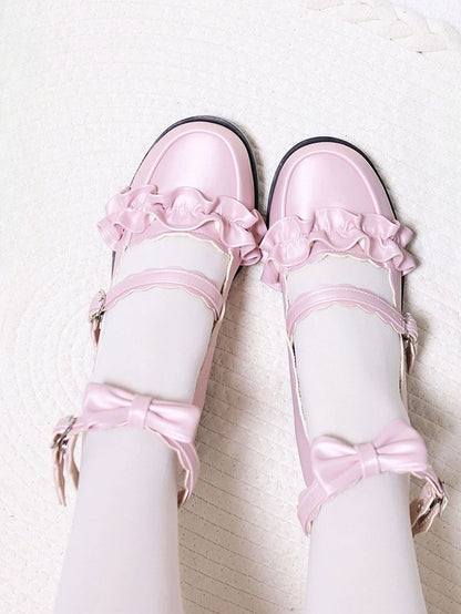 Pink Ruffles Trim Bowknot Decorated Heart Buckles Lolita Shoes