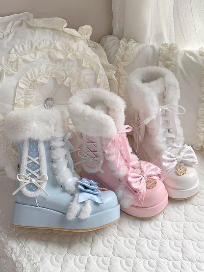Sweet Strawberry Pink Lolita Boots - Bunny Details & Plush Cuff with Polka-dot Pattern Top Bow