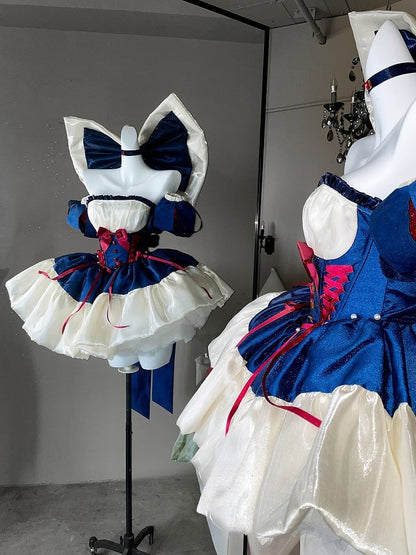 Blue & White Basque Waist Sweet Lolita Dress with Large Bow and Red Ribbon Accents