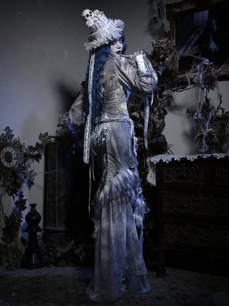 Dusty Blue Tie Dye Design Ruffle Flounce Knees Corpse Bride Goth Mermaid Skirt