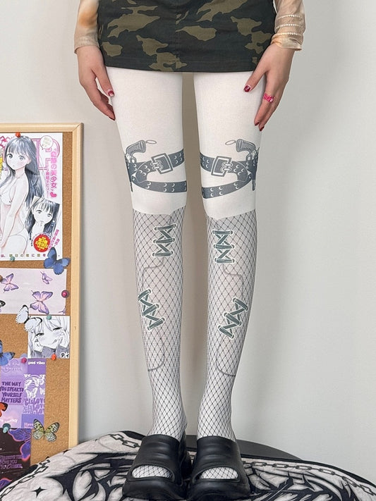 White&Gray Punk Print Design Tights