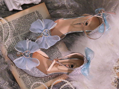 Silver & Light Blue Beaded Bowknot Accents Pointed Toe Hime Lolita Middle Heels