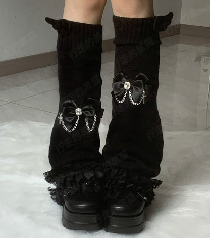 Jirai Kei Black/White Rhinestone Bow Wings Design Lace Trim Leg Warmers