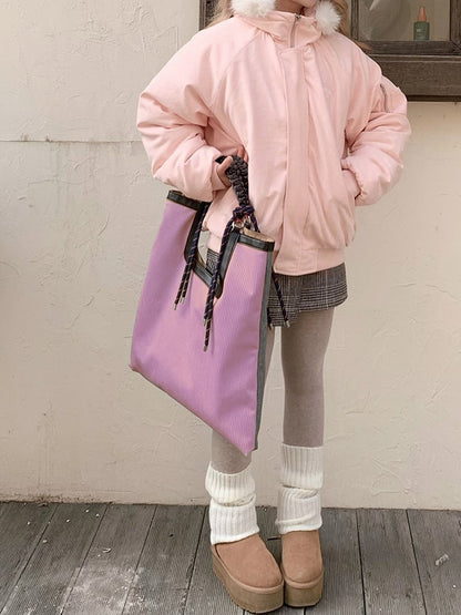 Large Capacity Dreamy Pink Woven Strap Corduroy Tote Bag