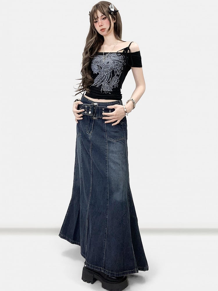 Black Y2K Rhinestone Decorated Floral Design Off-the-shoulder Neckline T-shirt