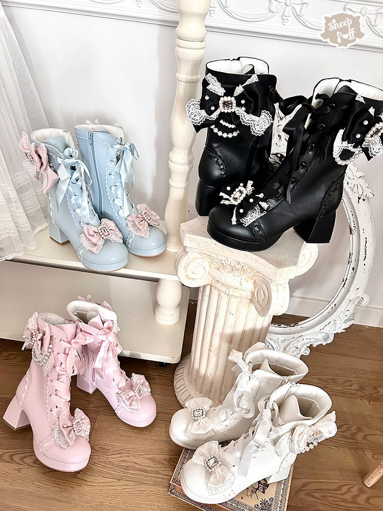 Black Sweet Lolita Mid-Calf Boots - Sparkling Beaded Bow Accents & Functional Lace+Zip Design