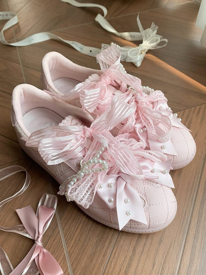 Pink Beaded Decorated Bow at Top Lace Front Lace-up Ties Sneakers