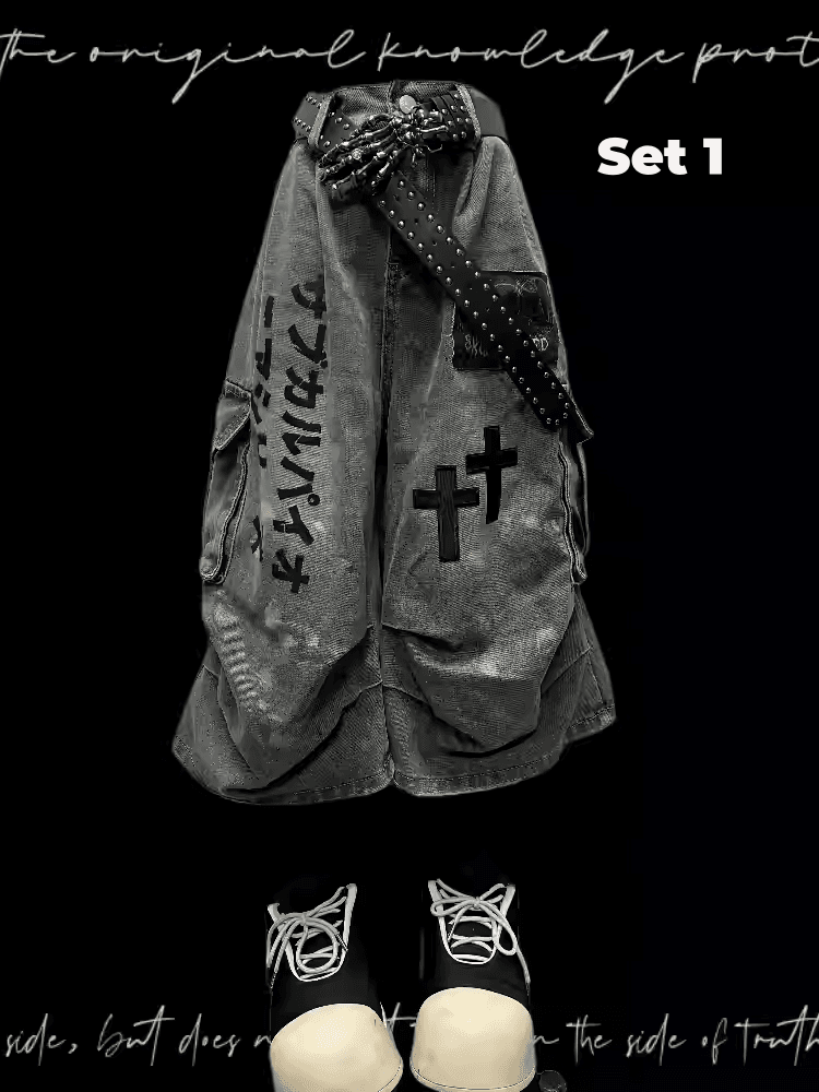 Wasteland Punk Light Blue Cross Appliques Distressed Wide-leg Cargo Jeans