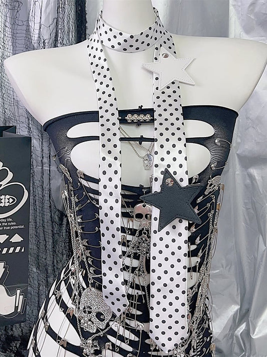 White/Black Y2K Star Applique Polka-dot Pattern Neck Tie