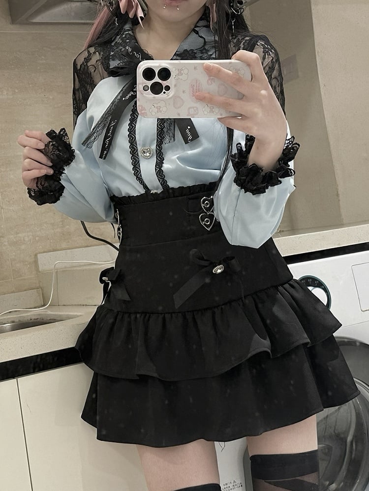 Jirai Kei Light Blue/Black & Pink/Black Cutout Shoulder Sweetheart Buttons Embellished Blouse