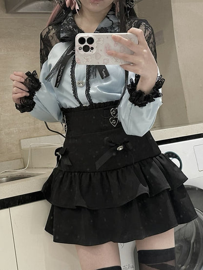 Jirai Kei Light Blue/Black & Pink/Black Cutout Shoulder Sweetheart Buttons Embellished Blouse