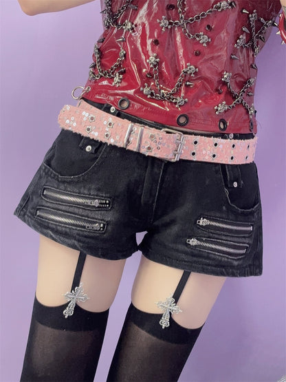 Punk Glitter Stud Waist Belt with Twin Buckles – 7 Colors