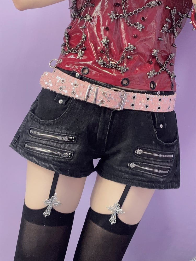 Punk Glitter Stud Waist Belt with Twin Buckles – 7 Colors