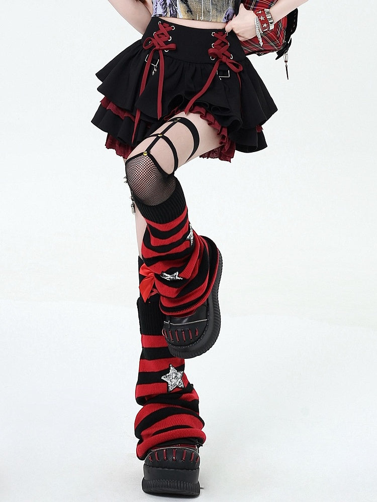 Lace-up Details at Waist Y2K Black and Red Punk Rock Tiered Skirt