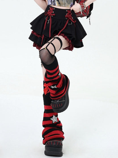 Lace-up Details at Waist Y2K Black and Red Punk Rock Tiered Skirt