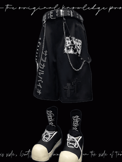 Punk Skeleton and Cross Appliques Black Wide-leg Shorts