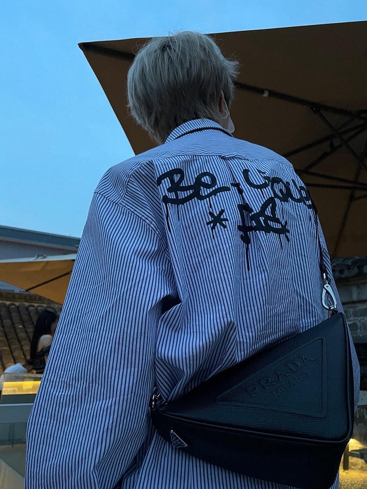 Black Graffiti Letters Blue and White Striped Preppy Unisex Shirt