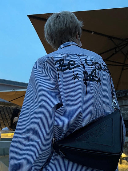 Black Graffiti Letters Blue and White Striped Preppy Unisex Shirt