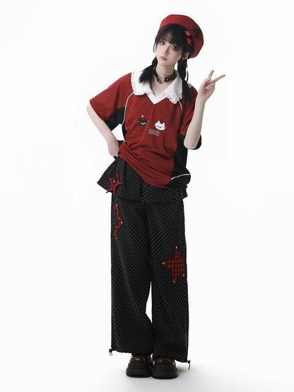 Red Plaid Star Applique Drawstring Cuffs Black Polka Dot Casual Pants