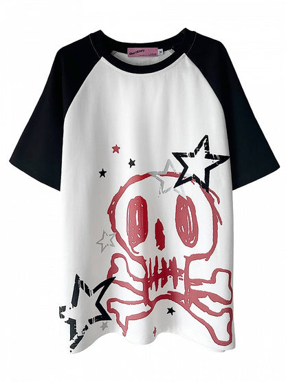 Skull and Stars Print Black and White T-shirt