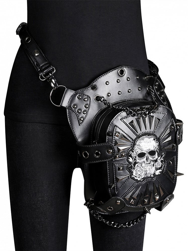 Gothic Punk Studs Skull Black Waist Bag PU Crossbody Bag