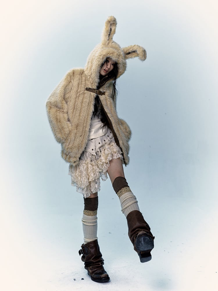 Yellow Shaggy Coat with Adorable Bunny Ear Design