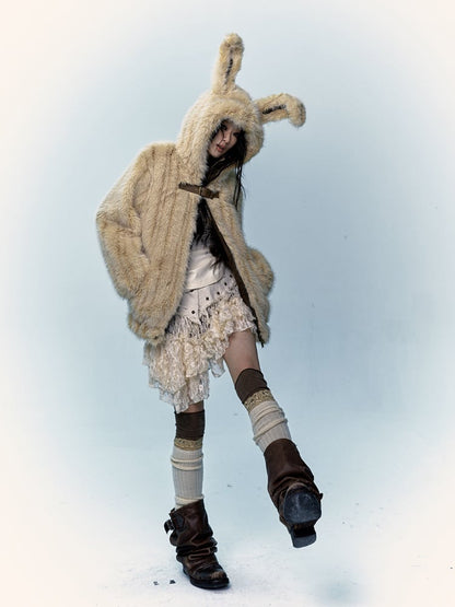 Yellow Shaggy Coat with Adorable Bunny Ear Design