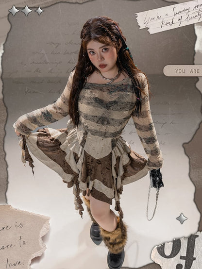 Plus Size Basque Waist Cascading Ruffles Distressed Holes Wasteland Punk Brown Cami Dress