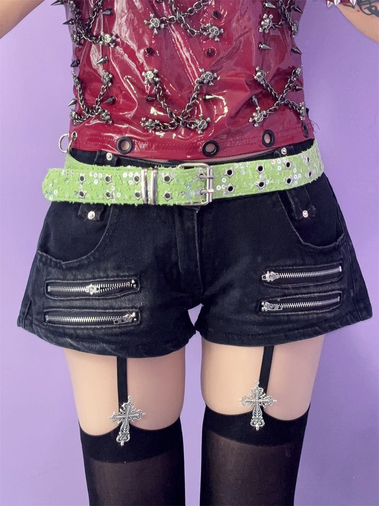 Punk Glitter Stud Waist Belt with Twin Buckles – 7 Colors