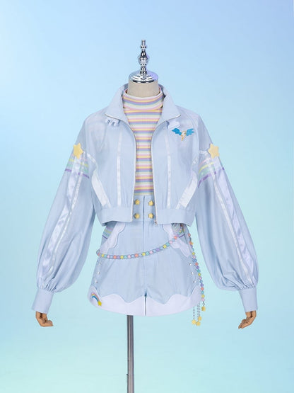 Buckle Strap High Collar Blue Moto Jacket with Lightning Wing Patch Rainbow Dash Vibes
