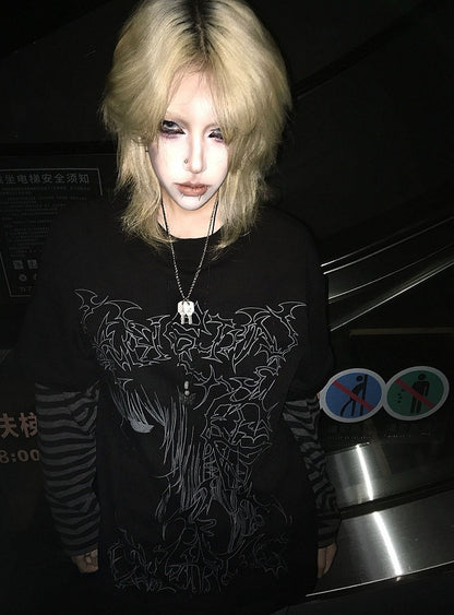 Black Emo Punk Girl Print Striped Sleeves Graphic T-shirt