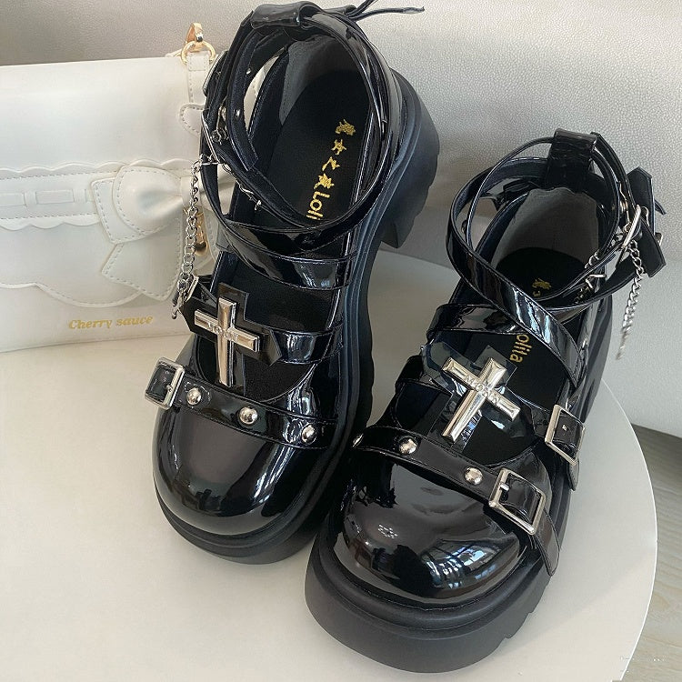 Silver-tone Studs Cross Balck Platform Chunky Heels Punk Shoes