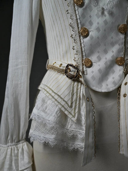 White Jabot Ruffle Neckline Cadcading Ruffle Cuffs Long Sleeves Ouji Lolita Top