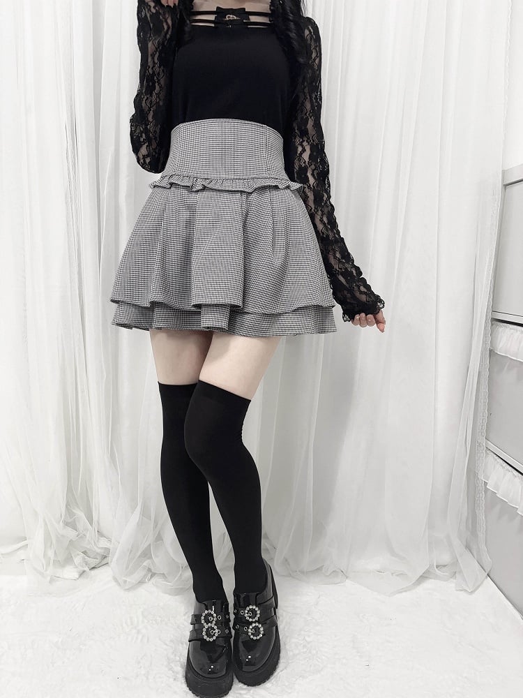 Black Houndstooth Jirai Kei Corset Waist Double-Layered Skirt