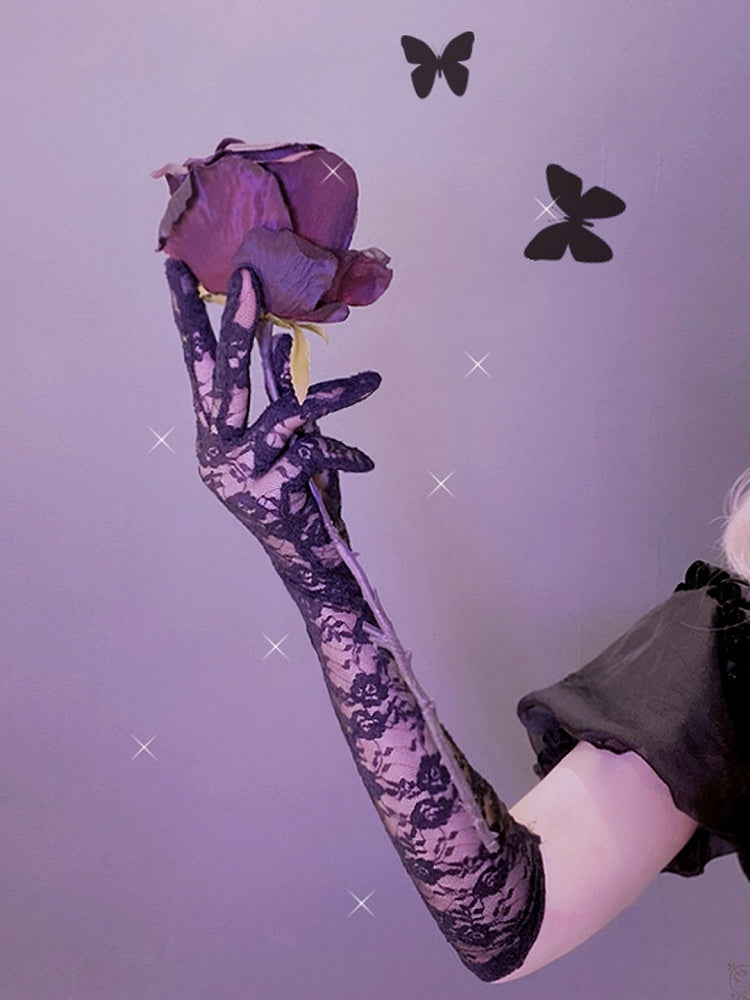 Black/White Cyberpunk Hollow-out Design Lace Gloves