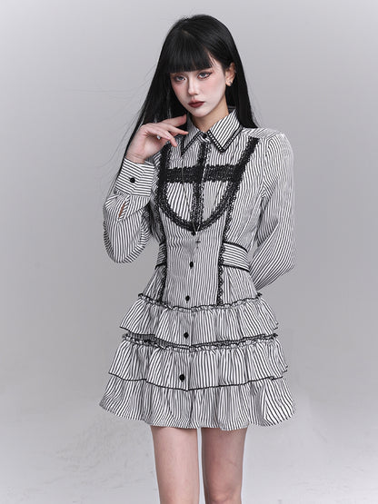 Gothic Lace Cross Tiered Skirt Black and White Striped Shirt Dress