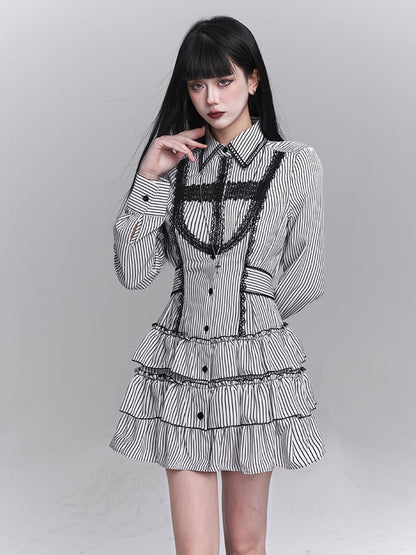 Gothic Lace Cross Tiered Skirt Black and White Striped Shirt Dress