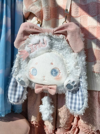 Sweet Lolita Blue Plaid Lop Ear Bunny Plush Bag with Pink Bowknots