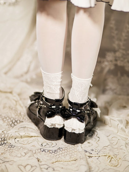 Black Bow at Top Lace Trim Heart Buckles Platforms