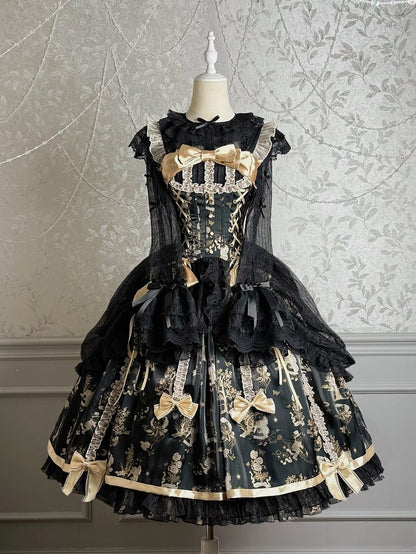 Black and Gold Corset Waist Drawstring Overlay Skirt Lolita Jumper Skirt