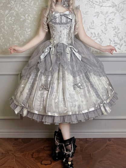 Silver Gray Corset Waist Drawstring Overlay Skirt Lolita Jumper Skirt