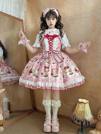 Bows and Strawberry Dessert Print Pink Sweet Lolita Jumper Skirt