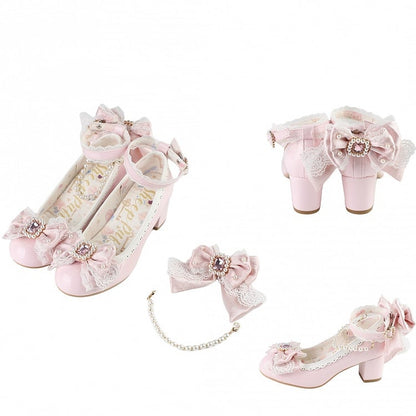 Pink Beaded And Rhinestone Decorated Bow at Top Lace Trim Mary Janes With Detachable Beaded Chain