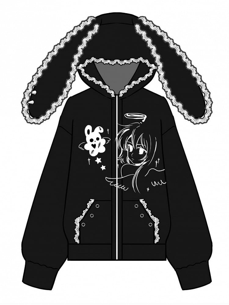 Black Jirai Kei Hoodie with Anime Girl Print and Bunny Ear Design