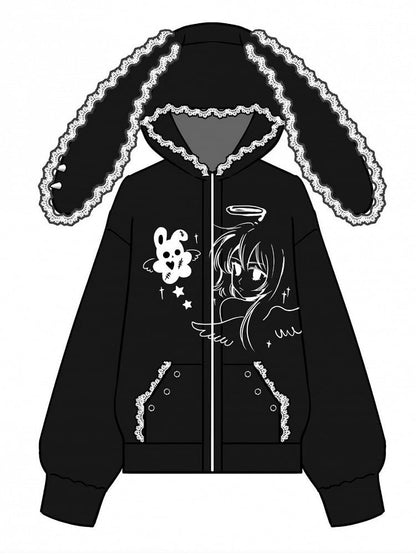 Black Jirai Kei Hoodie with Anime Girl Print and Bunny Ear Design